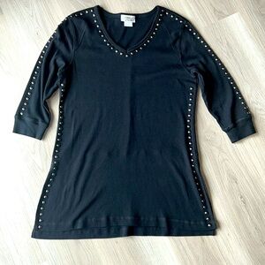 Tia Studded Cotton V-Neck Tunic Top SM Black Silver Vintage Glam Whimsigoth